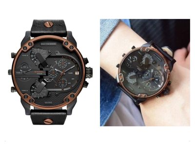 DIESEL Mr.Daddy2.0 復古紅銅色配黑色錶盤 黑色皮革錶帶 四時區 石英 三眼計時 男士手錶 DZ7400