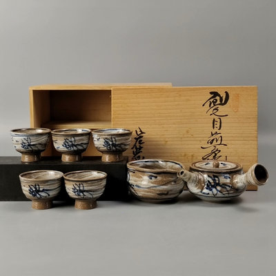 。日本清水燒刷毛目蜻羚紋橫手急須茶壺公道杯茶碗茶器
