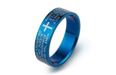 十字架聖經文鈦鋼戒指-藍色