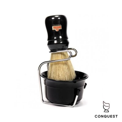 【 CONQUEST 】OMEGA 義大利 刮鬍修容領導品牌 黑色 49.18 刮鬍三件組 鬍刷+鬍皂碗+鬍刷架 刮鬍泡