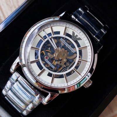 EMPORIO ARMANI 鏤空錶盤 銀色不鏽鋼錶帶 自動機械錶 AR60006