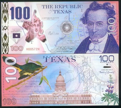 萬福古錢幣收藏家（可議價）全新2016年 美國100 德克薩斯州 塑料 紀念鈔 -克薩斯成立180周年