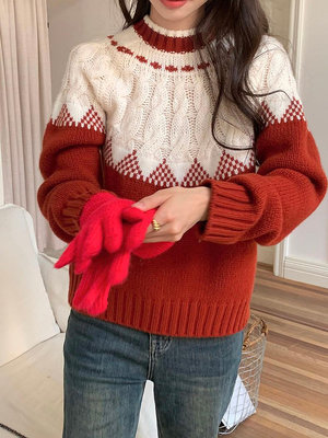 韓國 聖誕節 提花拼色麻花針織毛衣（2色）🍎