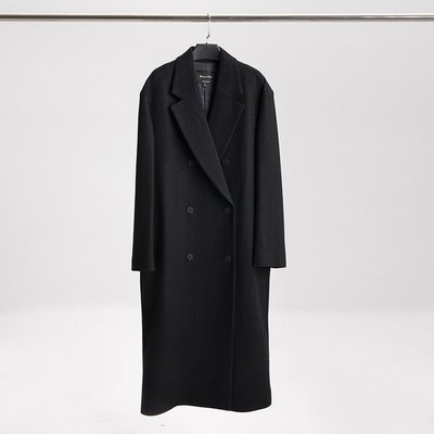 KIKI精選 Massimo Dutti女裝 冬季新款黑色長款雙排扣羊毛大衣 呢子外套