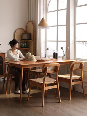 日式藤編實木餐椅家用休閑簡約日式網紅民宿咖啡餐廳靠背書桌椅子~告白氣球