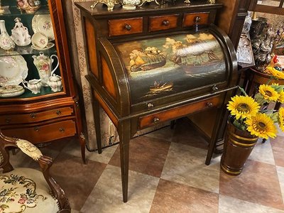 荷蘭百年古董手繪油畫上掀滑門寫字桌/梳妝台 #923116