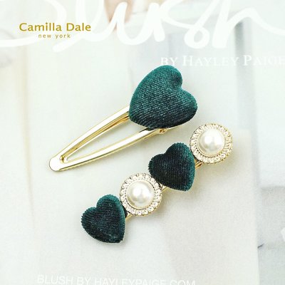 Camilla Dale 韓時尚 祖母綠絨布愛心珍珠髮夾一對