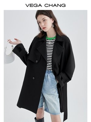 VEGA CHANG黑色風衣女小個子2022年新款早秋韓版收腰顯瘦氣質外套-特價