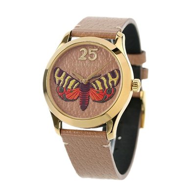 GUCCI YA1264063 古馳 手錶 38mm  飛蛾面盤 淺褐色皮錶帶 男錶 女錶
