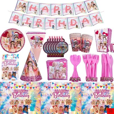 派對主題套裝跨境Roblox粉色生日派對用品兒童主題套裝裝飾佈置紙杯紙盤桌布