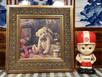 【 金王記拍寶網 】(常5) A453 可愛泰迪熊油畫複製畫一件 已裝裱木框罕見稀少