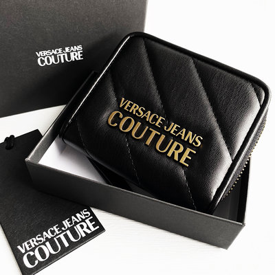 美國百分百【全新真品】Versace Jeans 凡賽斯 皮夾 錢包 真皮 專櫃精品 VJ 短夾 多夾層 黑色 CH85