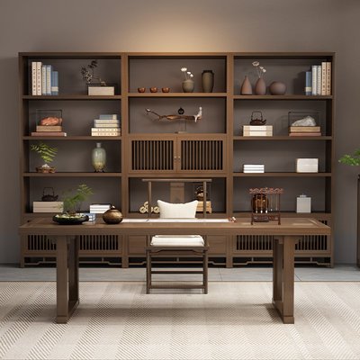 新中式全實木書桌家用辦公桌書房書架一體寫字桌書法桌