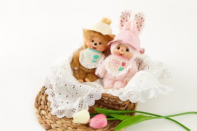 現貨熱銷-娃娃日本正版蒙奇奇 monchhichi 年 農場系列 粉色兔 金色女孩