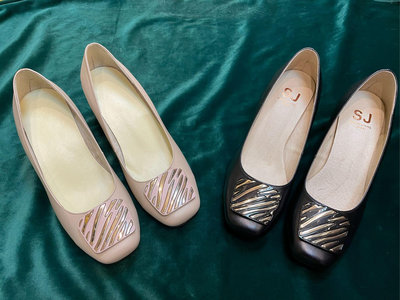 三輝皮鞋台灣製羊皮斑馬紋鐵片小方頭中跟高跟鞋，米色/黑色，零碼特價現貨MIT