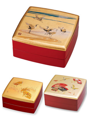 日本製 雙層果盒 金箔糖果盒 便當盒 漆器果盒 一層有4小格 一層沒有