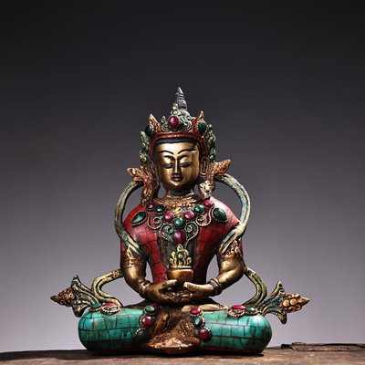 尼泊爾回流純銅鑲嵌寶石彩繪藏傳密宗長壽佛像工藝精湛   造像精美重1600克   高19厘米   寬17.5厘米   420607 古董 老貨 擺件