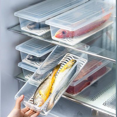 日本保鮮盒塑料瀝水盒魚盒生鮮蔬果存放盒肉類食品儲存冰箱收納盒
