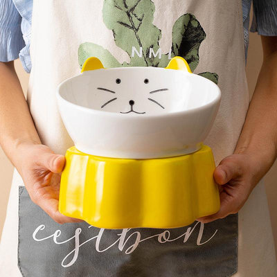 貓碗日式陶瓷貓碗防打翻保護頸椎加高斜口大號貓咪食盆飯碗寵物碗狗碗