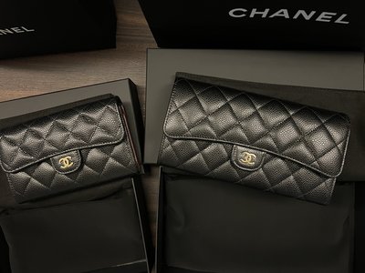 全新 正品 Chanel 香奈兒 黑色 荔枝牛皮 金扣 雙Ｃ 菱格紋 經典口蓋長夾