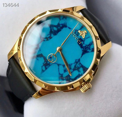 GUCCI G-Timeless Turquoise Blue 綠松石藍色錶盤 黑色皮革錶帶 石英 男士手錶 YA126462