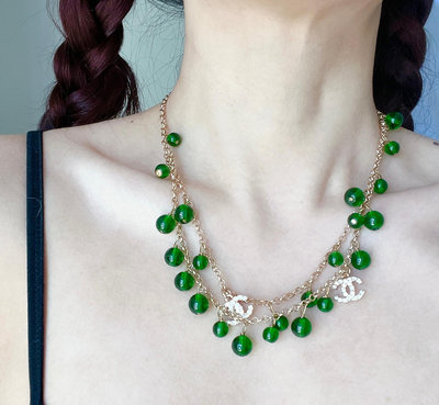 Chanel vintage中古綠琉璃流蘇雙層毛衣鍊項鍊