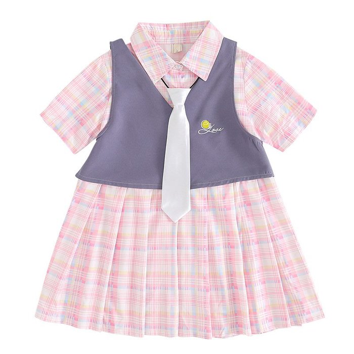 【TF5469】✿寶貝花園✿ 2021夏季新品 女童 中大童 學院風背心上衣+格子洋裝 二件套 套裝 親子款