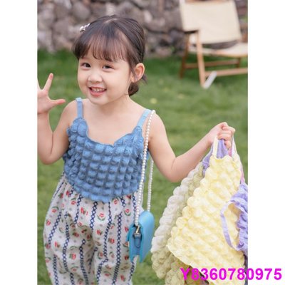 悠米小店夏季韓版中兒童上衣女寶寶兒童素色針織吊帶衫可愛泡泡格童服