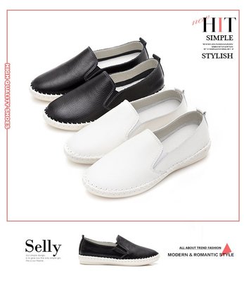 Selly outlet (G226)牛皮素面縫線懶人休閒鞋-黑色 NG款-內裏脫皮