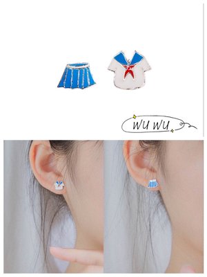 韓 可愛 不對稱 校服 裙子 造型 s925抗敏感 耳針 耳環(可改耳夾)