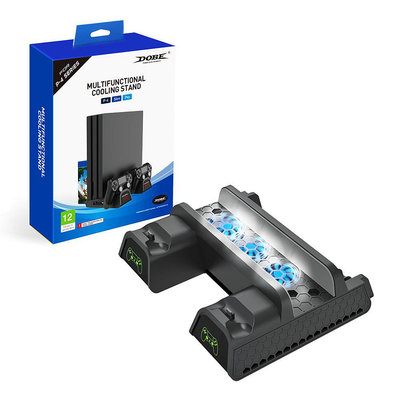 PS4多功能散熱底座PS4游戲手柄雙座充帶LED顯示 碟片盒收納架支架