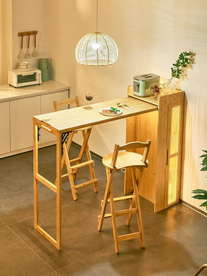 日式實木折疊吧台桌藤編餐邊柜一體家用隔斷多功能餐桌可伸縮島台