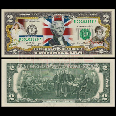 麥擱問阿 彩色版真鈔 英國 黛安娜王妃50歲冥誕 2美元 美金美元 混合塑料 鈔票 美國 非現行流通