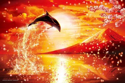 13-031 絕版夜光1000片日本進口拼圖 海洋 海豚 夢幻櫻花富士山