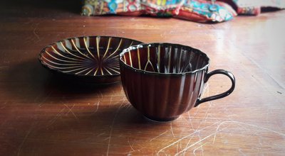 【多塔咖啡】免運 日本原裝進口 美濃燒 小兵製陶所 咖啡杯盤組 漆器棕色 陶磁咖啡杯 菊皿