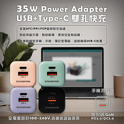 【3C小站】35W 雙孔快充 TypeC PD+USB QC 迷你充電頭 氮化鎵GaN技術 充電頭 智能斷電 全電壓