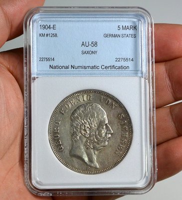 評級幣 德國 1904年E記 薩克森 5馬克 銀幣 鑑定幣 NNC AU58