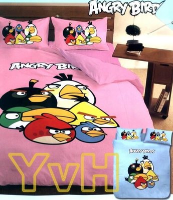 ==YvH==正版卡通~Angry Birds 憤怒鳥大集合 粉色 單人床包枕套組 全程台灣印染製造 (現貨)