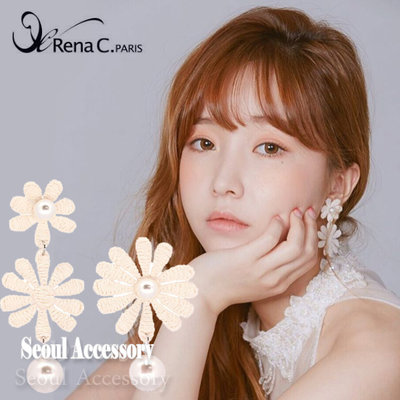[現貨]首爾飾集 正韓國製 Angel Rena 珍珠蕾絲雛菊花朵不對稱耳環RN20172232