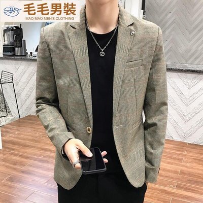 A格紋西裝外套 韓版西裝外套 單排扣單西 格子西裝外套 休閒西服外套 西裝夾克 男士西裝外套 外套男 潮流寬鬆-毛毛男裝