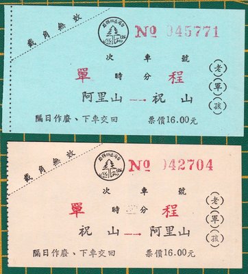 50年代 台灣省林務局 阿里山~祝山/祝山~阿里山 單程車票共二張 (0611-)