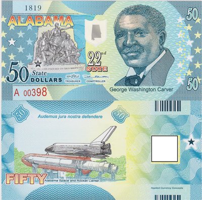 萬福古錢幣收藏家（可議價）全新2016年 美國 50 阿拉巴馬州 塑料鈔 第二十二州 華盛頓·卡佛