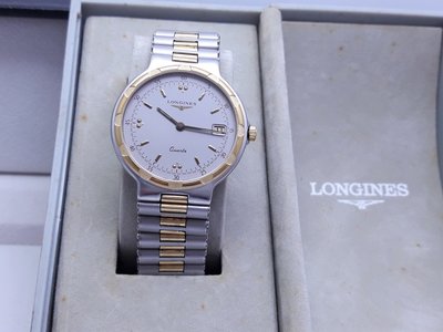 【Jessica潔西卡小舖】LONGINES浪琴石英錶,灰面金框,有日期,原裝錶帶--附原裝錶盒