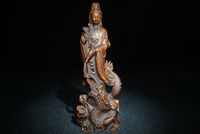 古玩雜項古董木雕老物件舊收藏黃楊木手工精雕降龍觀音菩薩像擺件