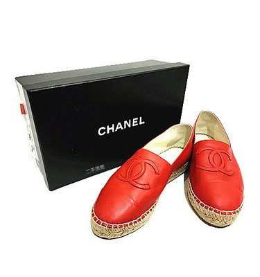 二手旗艦 CHANEL G29762 紅色 鉛筆鞋 休閒鞋 懶人鞋 平底鞋 草編鞋 尺碼39號 (中友店)16502