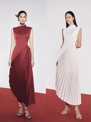 越南設計師CHATS夏季無袖紅色長裙氣質通勤高檔緞面禮服連衣裙正品促銷