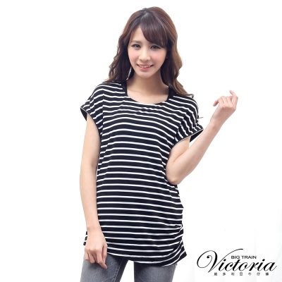 2【Victoria】金屬拉鍊條紋短袖T(黑白條)~M