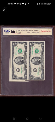 鑑定鈔-2009年美金2元連體鈔福耳，公藏評級66EPQ（含運）