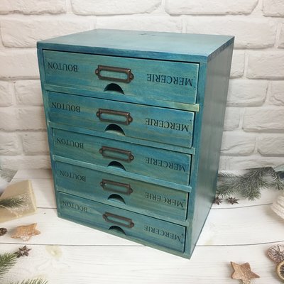 ((補貨中))51002五層懷舊復古藍木質整理盒首飾盒辦公桌收納抽屜櫃抽屜式收納盒桌上型收納櫃