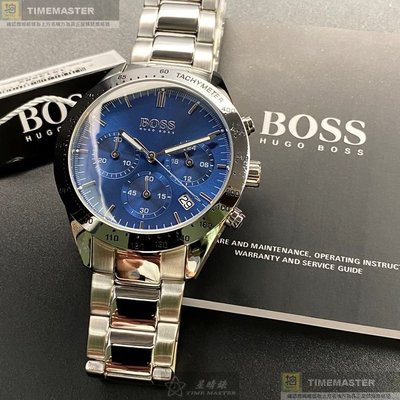 BOSS手錶,編號HB1513582,42mm銀圓形精鋼錶殼,寶藍色三眼, 運動錶面,金色精鋼錶帶款,找尋好久就是這款